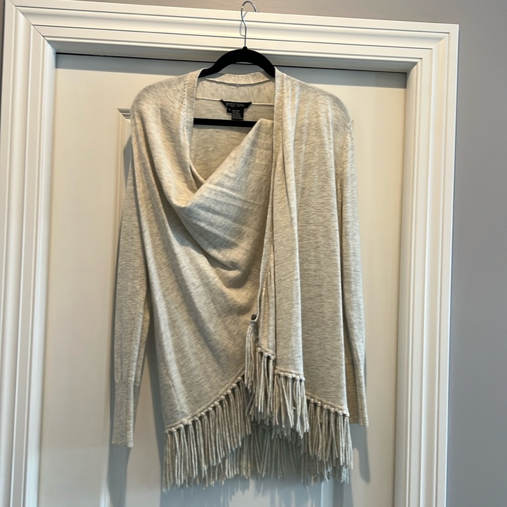 Etcetera wrap cardigan with fringe. Size small in light grey/ivory.